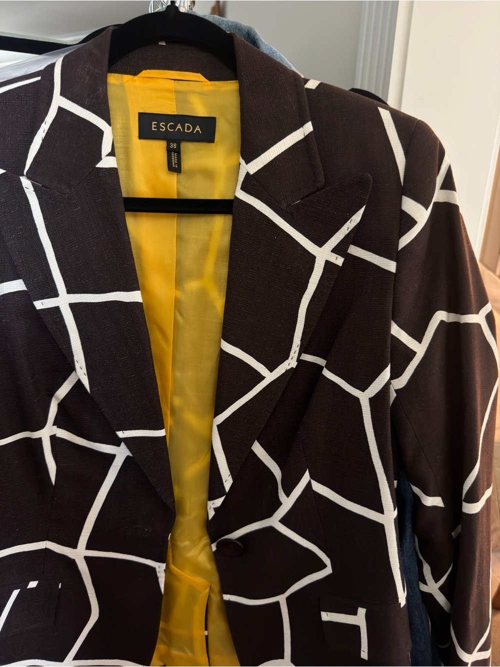Escada Black and White Geometric Blazer with Yellow Lining